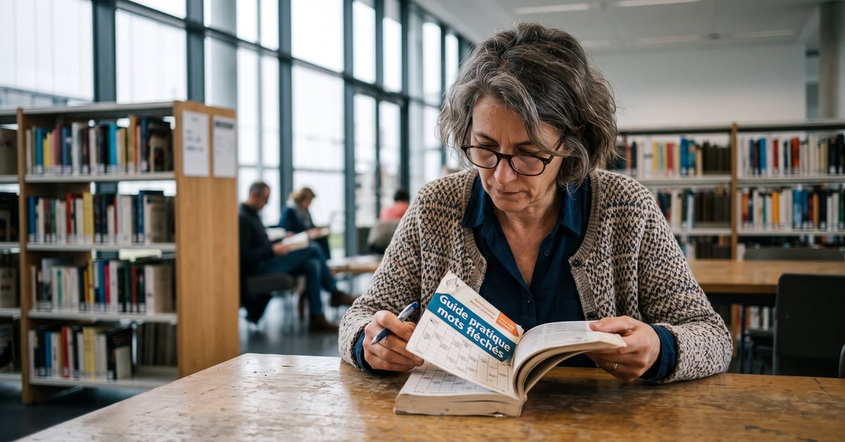 Guide pratique mots fléchés : grille et stylo posés sur une table, aide pour maîtriser les mots fléchés