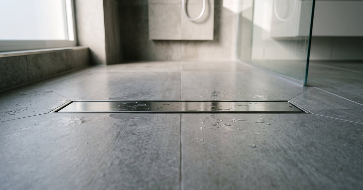 Évacuation douche italienne encastrée dans un carrelage moderne – système de caniveau linéaire